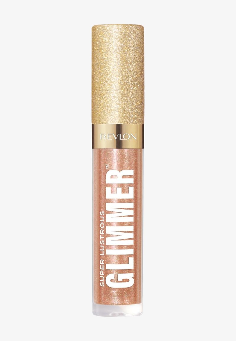 Błyszczyk Revlon Super Lustrous Glimmer w przezroczystej tubce z złotą, błyszczącą zakrętką, w kolorze połyskującego brzoskwini oraz z subtelnym brokatem.