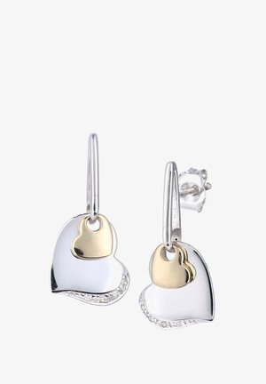 Silver and gold heart-shaped earrings with a smooth finish, featuring a smaller gold heart and a row of clear stones along the edge.