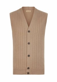 Beige gestrickte Weste mit vertikaler Rippstruktur, V-Ausschnitt und sechs braunen Knöpfen auf der Vorderseite. Kein Ärmel, weicher Stoff.