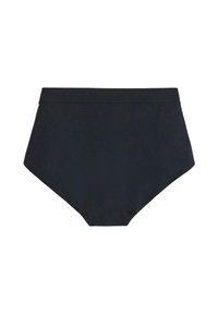 Höga svarta bikiniunderdelar med slät tyg, en sömlös midja och snedställd fålldesign för täckning och komfort.