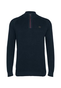 Marine pullover trui met hoge kraag en kwart lengte rits, voorzien van een gestructureerde brei, geribbelde manchetten en subtiele logo details.