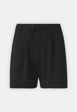 Black shorts made of soft material, featuring an elastic waistband, drawstring closure, and front pleats for added structure.