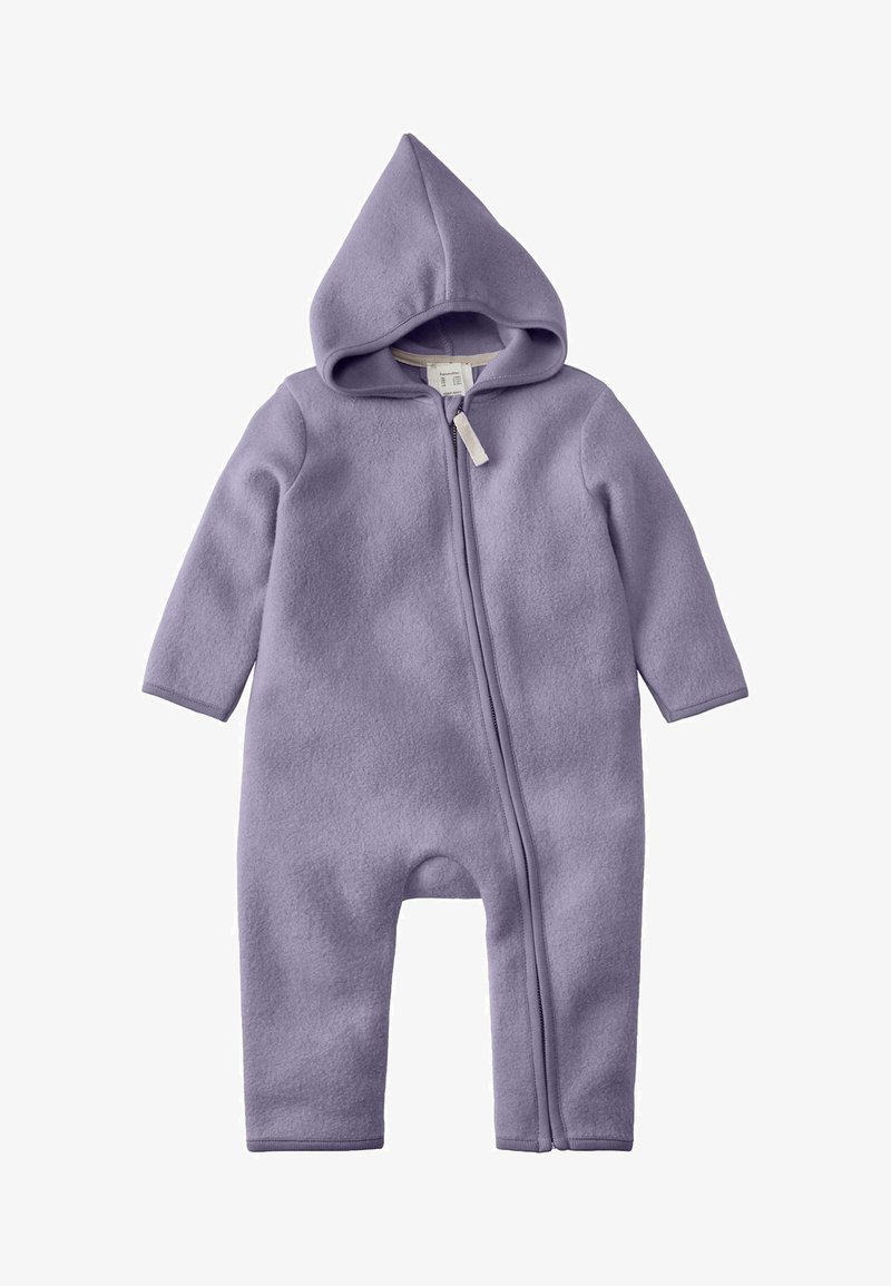 Purple fleece one-piece suit with long sleeves, zip front closure, and attached hood. Soft texture, smooth seams, and no visible patterns.
