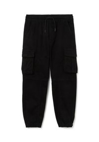 Zwarte cargobroek met een elastische tailleband, trekkoordsluiting, zij- en cargopockets, taps toelopende pijpen en ribgebreide boorden. Gemaakt van katoen.