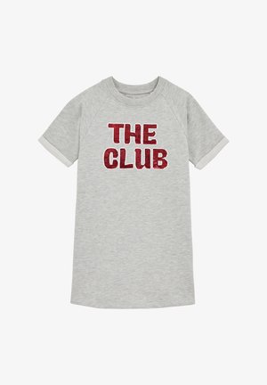 Pilkos spalvos trumpomis rankovėmis marškinėliai su apvaliu iškirpimu ir raglan rankovėmis. Priekyje yra raudonų blizgučių tekstas "THE CLUB".