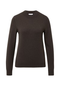 Brauner Pullover aus weichem Strickstoff, mit Rundhalsausschnitt, langen Ärmeln und einem enganliegenden Saum. Keine sichtbaren Muster oder Akzente.