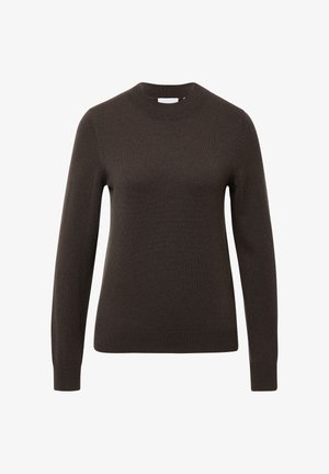 Brązowy sweter wykonany z miękkiej dzianiny, z okrągłym dekoltem, długimi rękawami i dopasowanym hemem. Brak widocznych wzorów lub akcentów.