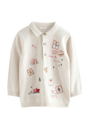 Light cream sweater with a collared neckline, featuring whimsical holiday-themed embroidery and stitched accents in red and green.
