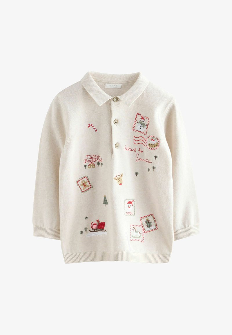 Pulover ușor crem, cu un guler la gât, având broderii jucăușe cu tematică de sărbătoare și accente cusute în roșu și verde.