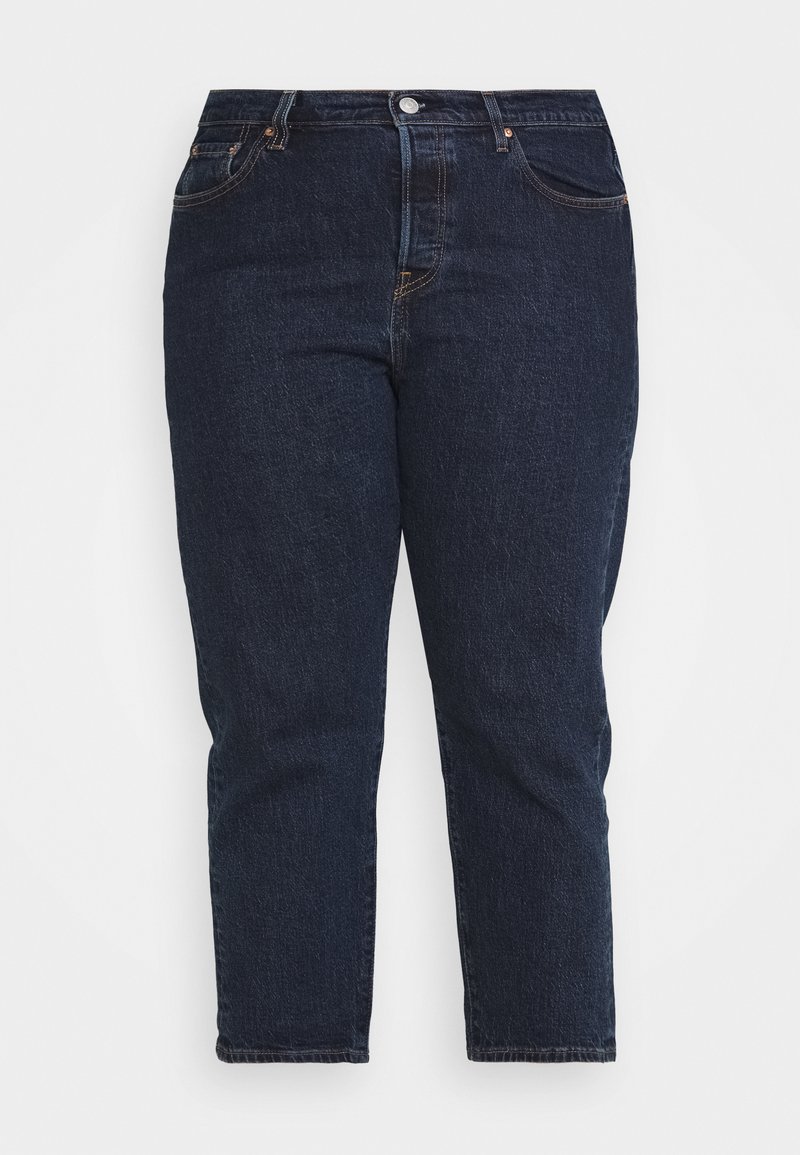 Dunkelblaue Jeans aus Denim mit hoher Taille, geradem Bein und klassischem Fünf-Taschen-Design sowie kontrastierenden Nähten.