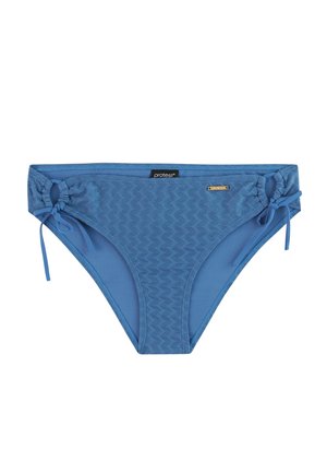 Blauwe bikinibroek met een gestructureerd patroon, verstelbare zijstrikjes en een logodetail. Gemaakt van zwemkledingstof voor duurzaamheid.