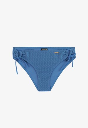 Blauwe bikinibroek met een gestructureerd patroon, verstelbare zijstrikjes en een logodetail. Gemaakt van zwemkledingstof voor duurzaamheid.