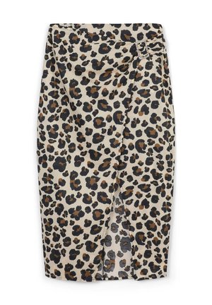 Bleistiftrock mit Leopardenmuster in Beige, mit schwarzen und braunen Flecken, seitlichem Schlitz und dekorativem Schnallen-Detail an der Taille. Glatte Stoffoberfläche.