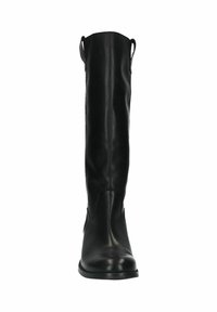 Botte en cuir noir hauteur genou avec une texture lisse, un bout arrondi et des tirants doubles en haut pour faciliter l'enfilage. Semelle plate.
