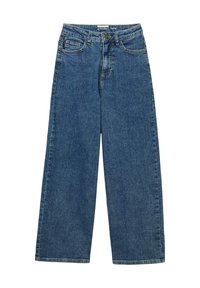 Široke traperice u tamnoplavoj denimu, s visokim strukom, pet džepova, prednjim dugmetom kao zatvaranjem i minimalnim detaljima šavova.