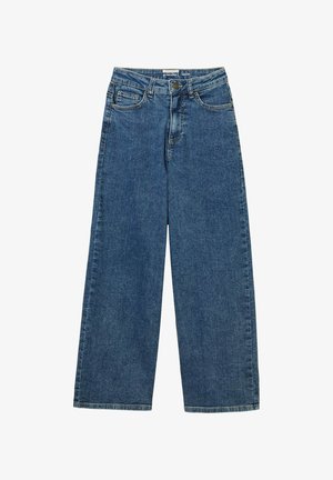 Jeans de pierna ancha en denim azul oscuro, con una cintura alta, cinco bolsillos, un cierre frontal con botón y detalles de costura mínimos.
