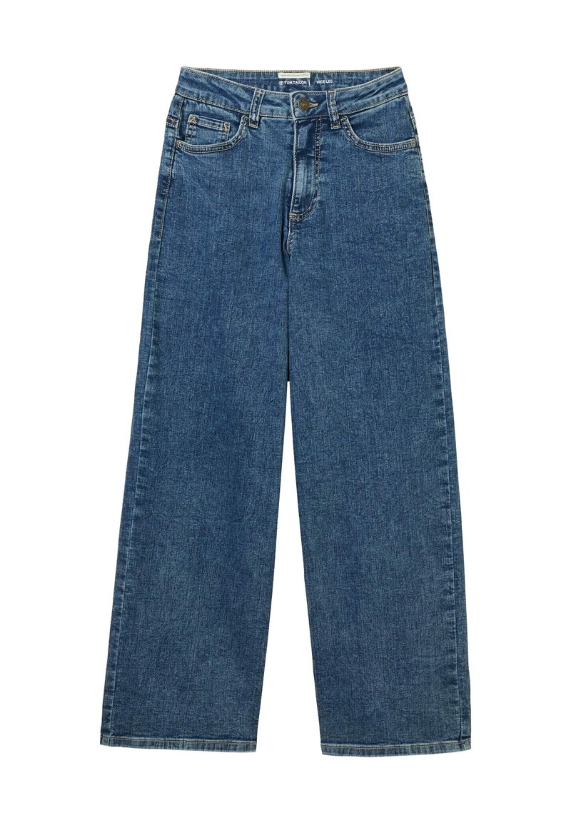 Široke traperice u tamnoplavoj denimu, s visokim strukom, pet džepova, prednjim dugmetom kao zatvaranjem i minimalnim detaljima šavova.
