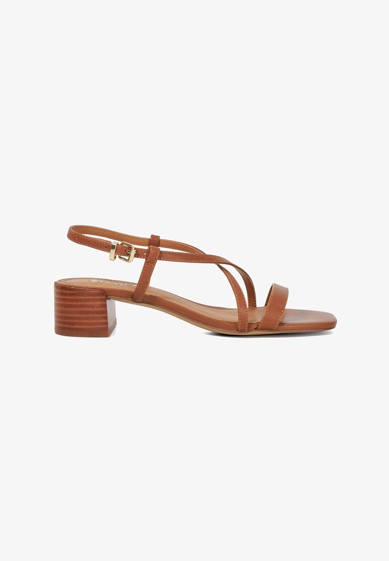 Brown leather heeled sandals with a block heel, thin straps, and an adjustable ankle buckle, featuring a smooth finish and minimalist design.