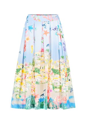 Pleated midi skirt with pastel coastal town and underwater sea life print on a light blue background.
