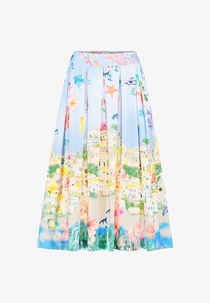 Pleated midi skirt with pastel coastal town and underwater sea life print on a light blue background.