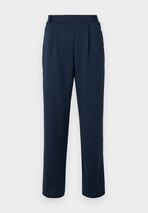 Pantalon bleu marine à coupe droite, avec une taille haute, des plis, et une texture lisse et douce. Aucun élément métallique visible ni motif.