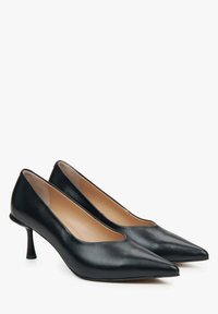 Zwarte leren pumps met een spitse neus en een lage, gebogen hak. Heeft een gladde textuur en een eenvoudig, elegant ontwerp.