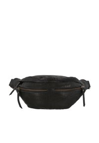Sac banane en cuir noir avec un design matelassé. Présente deux poches zippées extérieures et une sangle ajustable. Texture lisse.