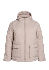 Lysebeige quiltet jakke med hætte, lynlåslukning og to forlommer. Har en glat tekstur og et diskret buet sømmønster.