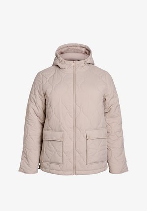 Svetlo bež prešita jakna z zložljivo kapuco, zadrgo in dvema sprednjima žepoma. Ima gladko teksturo in subtilen vzorec ukrivljenega šivanja.