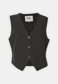 Chaleco negro sin mangas con un diseño ajustado, que presenta un escote en V, cinco botones en el frente y una textura de tela suave.