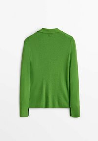 Grön långärmad ribbad stickad tröja med vikbar krage och manchetter, visad bakifrån på en vit bakgrund.