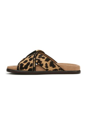 Leopard print slide sandals featuring black straps and a gold-colored accent. Soft suede-like texture and flat sole provide comfort.