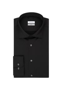 Camicia nera slim-fit, maniche lunghe, con chiusura a bottoni frontale in tinta nera, caratterizzata da un colletto standard e un polsino con un bottone.