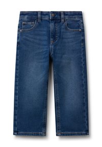 Pantalones cortos de mezclilla azul oscuro con un corte recto, diseño de cinco bolsillos, costuras reforzadas y cierre de botón en la cintura.