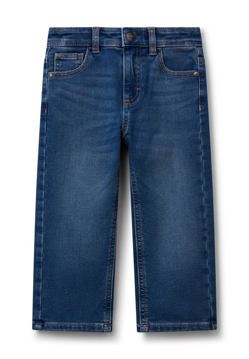 Pantalones cortos de mezclilla azul oscuro con un corte recto, diseño de cinco bolsillos, costuras reforzadas y cierre de botón en la cintura.