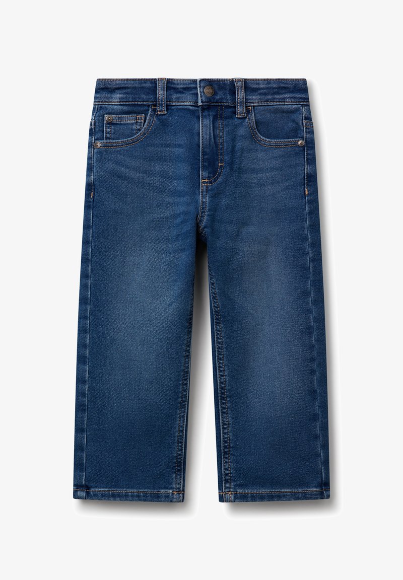 Pantaloni shorts in denim blu scuro con un taglio dritto, design a cinque tasche, cuciture rinforzate e chiusura con bottone in vita.