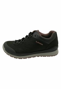 Black low-top hiking shoe featuring suede and mesh upper, rubber outsole, and lacing system. Accent colors in dark gray and brown.