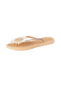 Infradito beige con suola in juta intrecciata, fasce traslucide e un'acca di margherita bianca con centro beige. Design leggero e texture interessante.