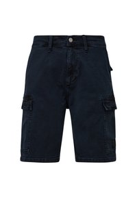 Granatowe szorty cargo wykonane z bawełny, z przednimi i bocznymi kieszeniami, zapięciem na guzik oraz lekko wyblakłą teksturą.