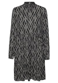 Vestito lungo nero con maniche lunghe e scollatura alta. Presenta un motivo bianco a foglia, vita arricciata e una silhouette fluida a trapezio.
