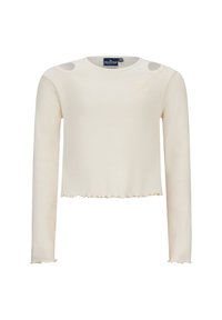 Cremfarbener, gerippter Langarm-Crop-Top mit gewelltem Saum, der zwei runde Ausschnitte an den Schultern und ein geprägtes Logo auf der Brust aufweist.