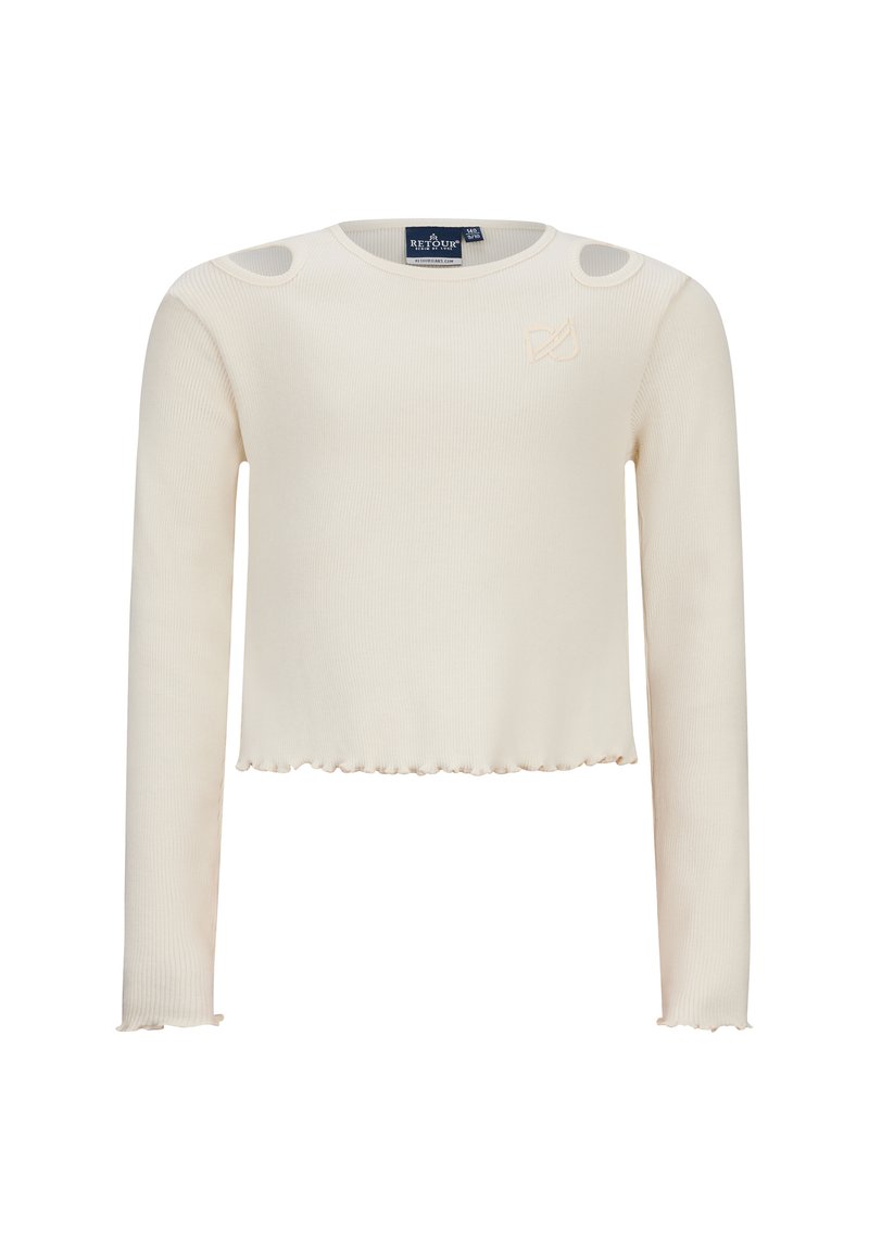 Cremfarbener, gerippter Langarm-Crop-Top mit gewelltem Saum, der zwei runde Ausschnitte an den Schultern und ein geprägtes Logo auf der Brust aufweist.