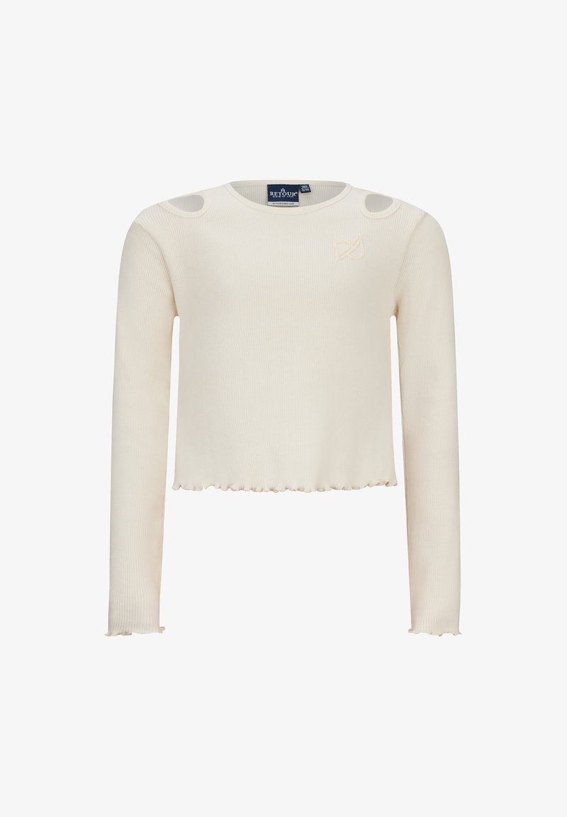 Cremfarbener, gerippter Langarm-Crop-Top mit gewelltem Saum, der zwei runde Ausschnitte an den Schultern und ein geprägtes Logo auf der Brust aufweist.