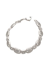 Zilveren metalen bracelet met ovale schakels, versierd met sterrenmotieven en kleine heldere edelstenen. Veilige sluiting met haakslag. Gladde, gepolijste textuur.