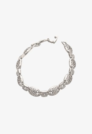 Hopeaketju hopeametallista, jossa on soikeat lenkit, tähtimosaiikkia ja pieniä kirkaita jalokiviä. Vahva lukko. Sujuva, kiillotettu pinta.