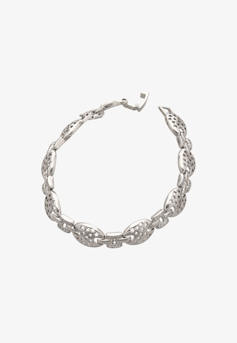 Stříbrný kovový náramek s oválnými články, zdobený hvězdnými motivy a malými průhlednými drahokamy. Bezpečné zapínání na sponu. Hladký, leštěný povrch.
