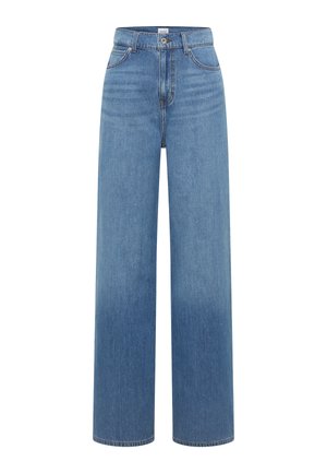 High-waisted, wide-leg blue denim jeans with front button and zipper, front pockets, and belt loops.