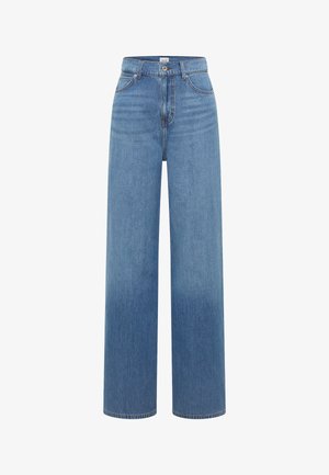 High-waisted, wide-leg blue denim jeans with front button and zipper, front pockets, and belt loops.