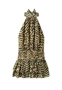 Robe sans manches avec col halter, imprimé léopard, taille froncée, ourlet à volants superposés et fermeture par lien au niveau du cou.