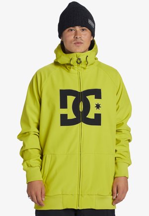 Limoengroene jas met een ritssluiting aan de voorkant, groot zwart DC-logo, capuchon met koord, zijzakken en geribde manchetten en zoom.